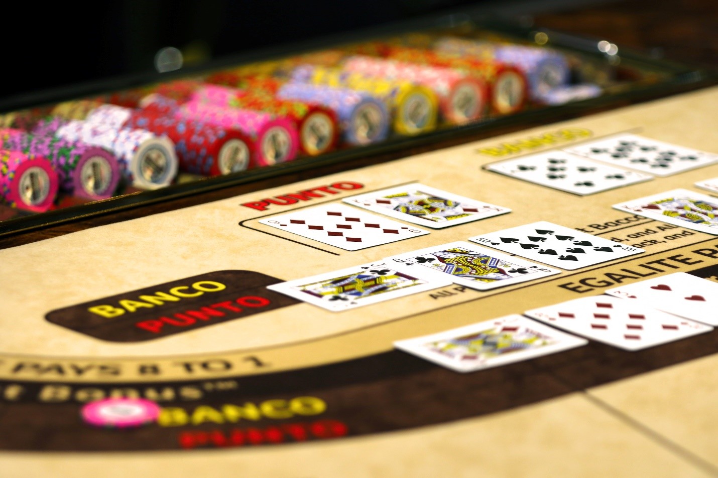 Baccarat table with cards and chips Baccarat table with cards and chips