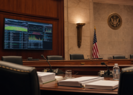Federal prediction market regulation hearing room with neutral event-contract graphics