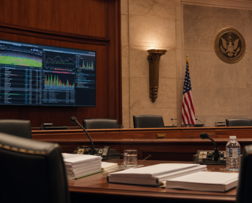 Federal prediction market regulation hearing room with neutral event-contract graphics