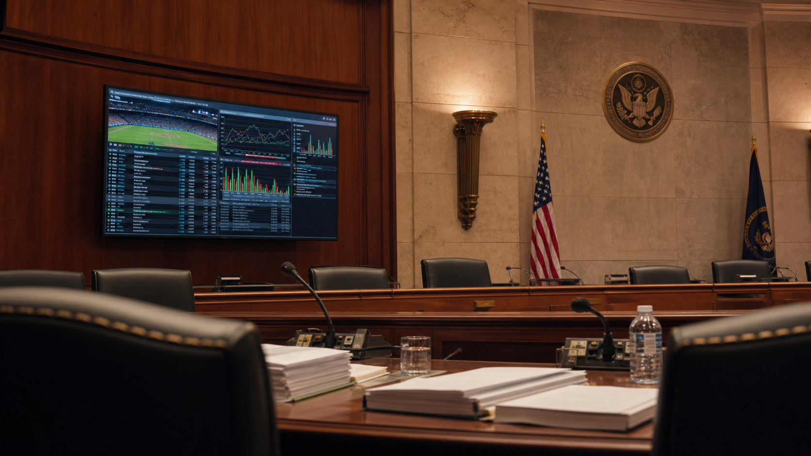 Federal prediction market regulation hearing room with neutral event-contract graphics