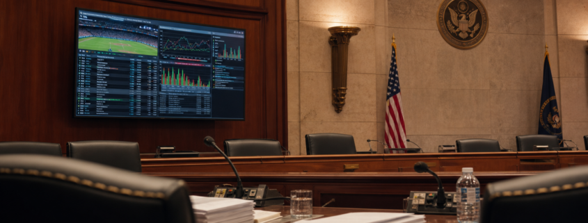 Federal prediction market regulation hearing room with neutral event-contract graphics