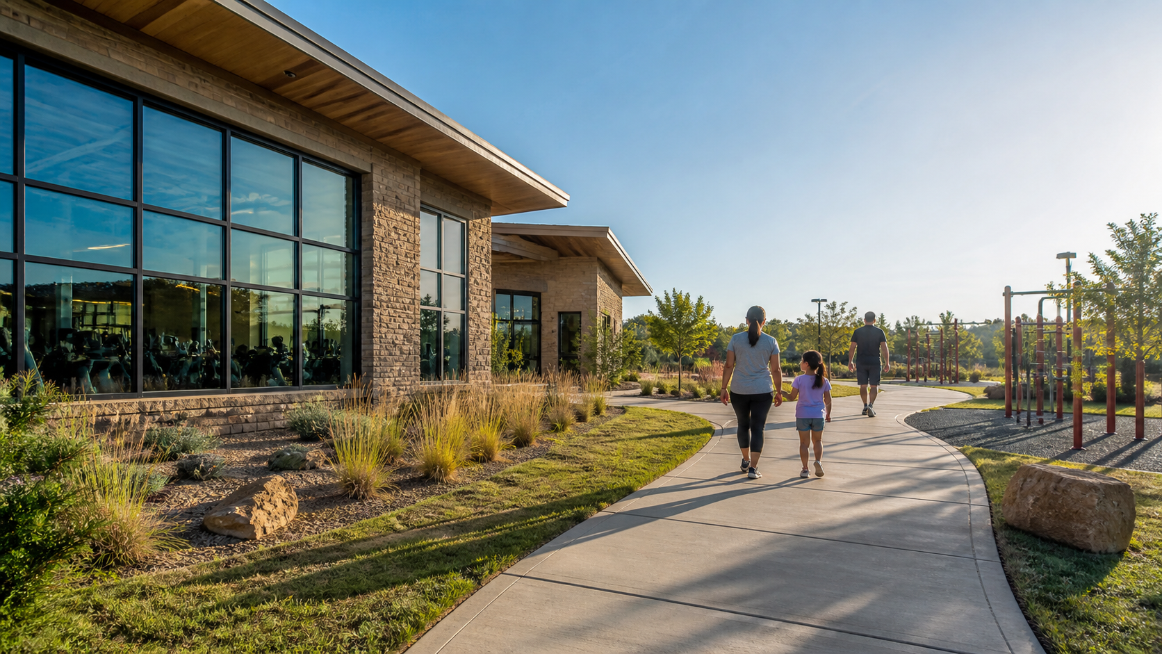 Modern Cherokee community wellness center and outdoor fitness space