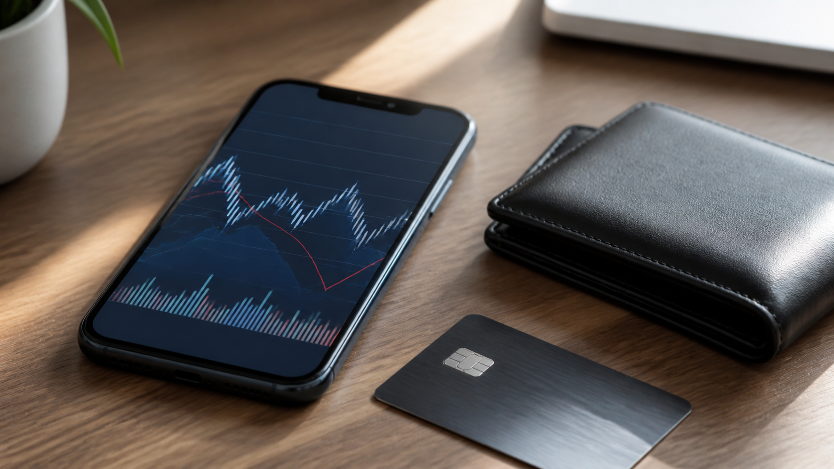 A smartphone market chart beside a credit card and financial warning note