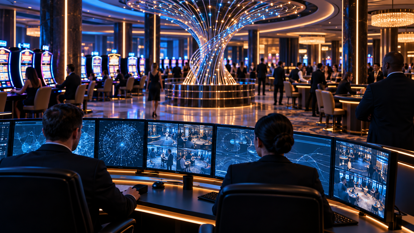 Editorial illustration about casino operations technology, United States casino and gambling news, and source documents