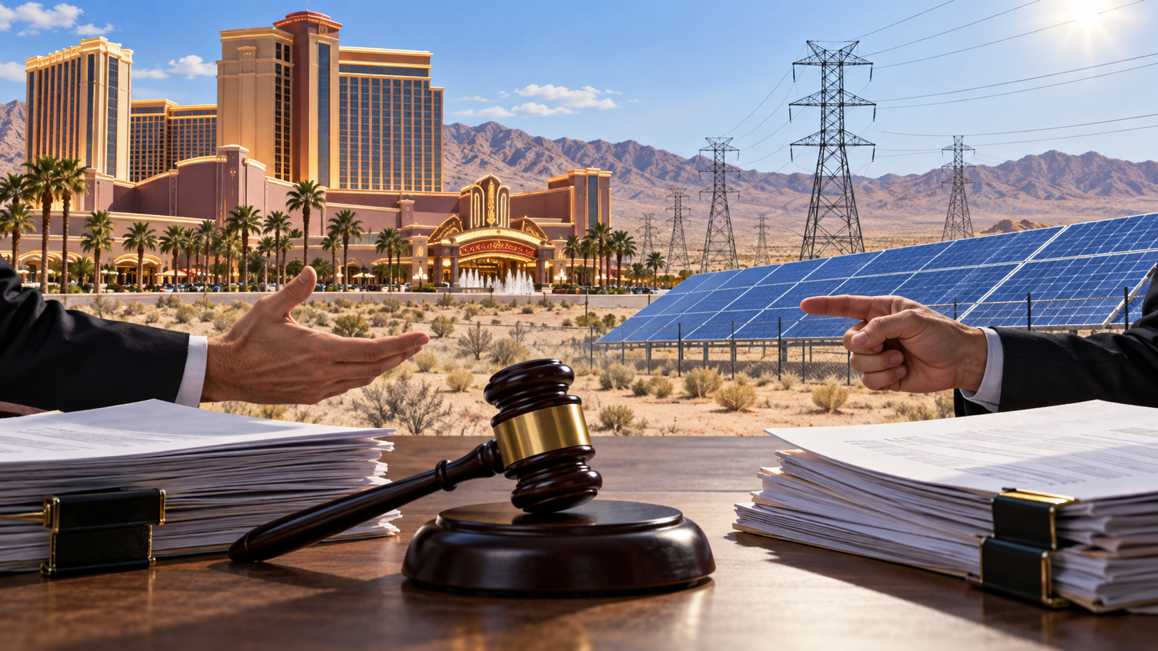 Editorial illustration of a casino solar-energy and utility dispute