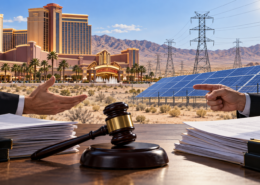 Editorial illustration of a casino solar-energy and utility dispute
