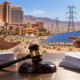 Editorial illustration of a casino solar-energy and utility dispute