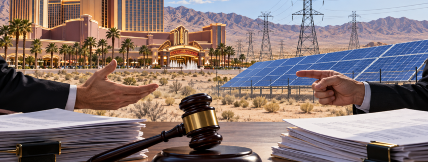 Editorial illustration of a casino solar-energy and utility dispute