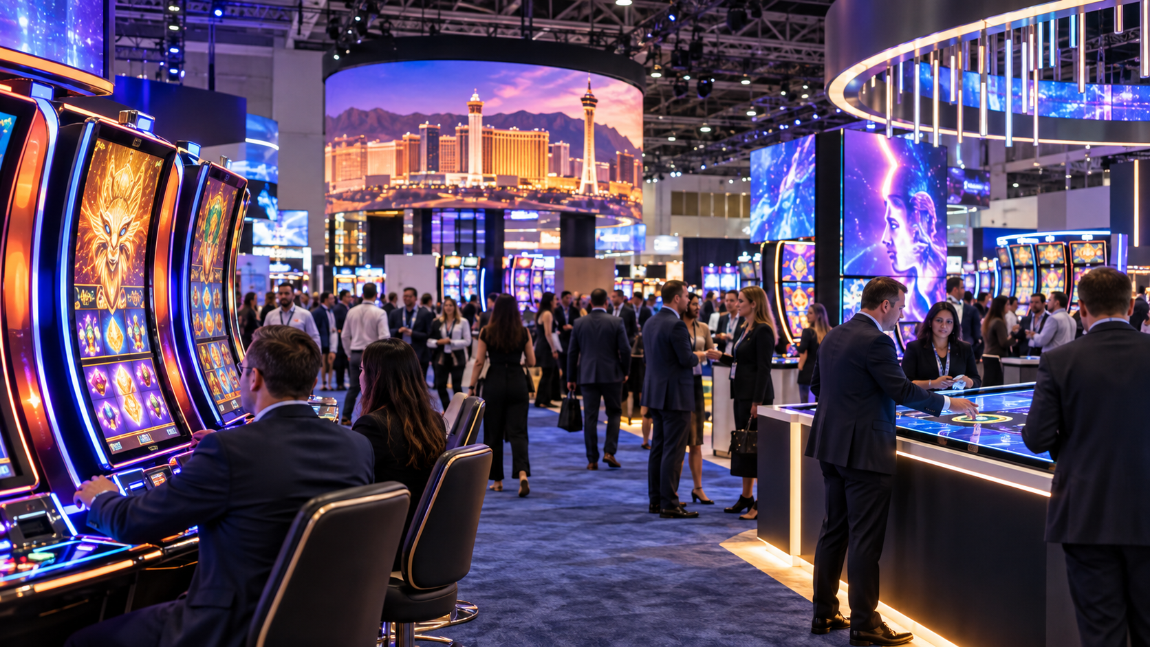 Editorial illustration about G2E gaming technology, United States casino and gambling news, and source documents