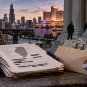 Editorial illustration of an Illinois gambling investigation, campaign donations, and public records