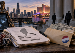Editorial illustration of an Illinois gambling investigation, campaign donations, and public records