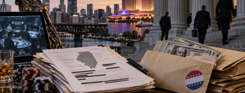 Editorial illustration of an Illinois gambling investigation, campaign donations, and public records