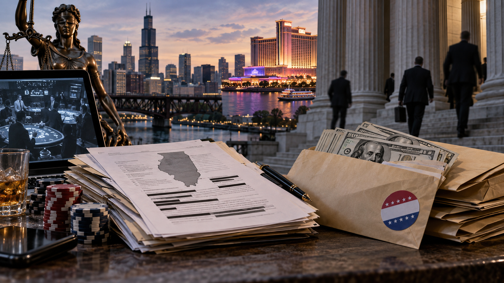 Editorial illustration of an Illinois gambling investigation, campaign donations, and public records
