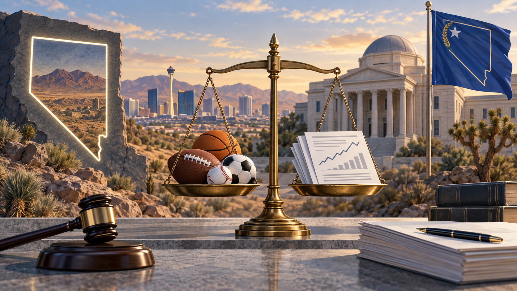 Editorial illustration of Nevada gaming regulation and prediction-market contracts