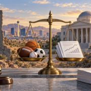 Editorial illustration of Nevada gaming regulation and prediction-market contracts