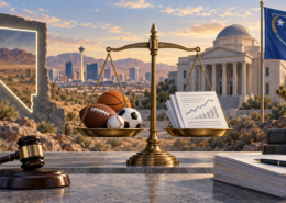 Editorial illustration of Nevada gaming regulation and prediction-market contracts