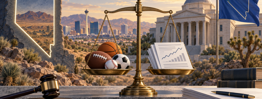Editorial illustration of Nevada gaming regulation and prediction-market contracts