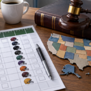 Editorial illustration of an NFL office pool and state sports-betting law