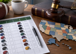 Editorial illustration of an NFL office pool and state sports-betting law
