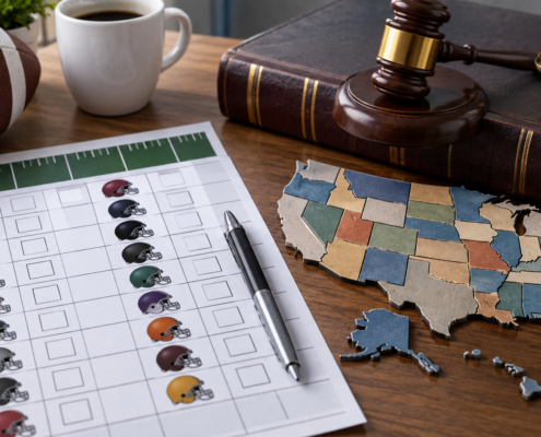 Editorial illustration of an NFL office pool and state sports-betting law