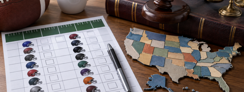 Editorial illustration of an NFL office pool and state sports-betting law