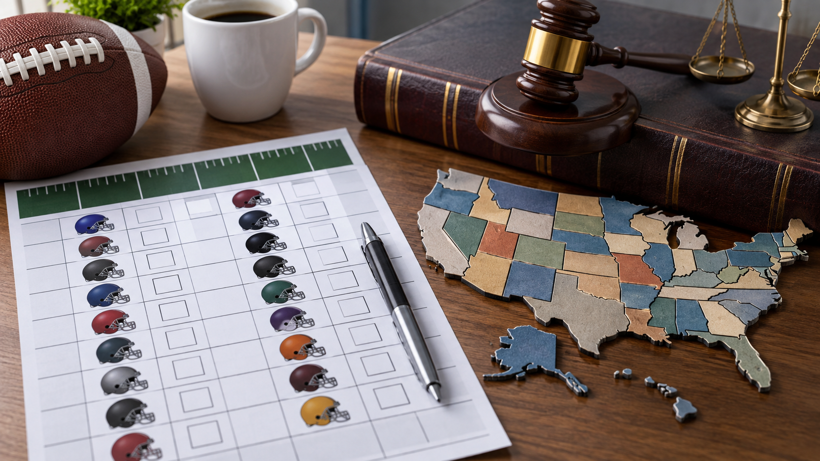 Editorial illustration of an NFL office pool and state sports-betting law
