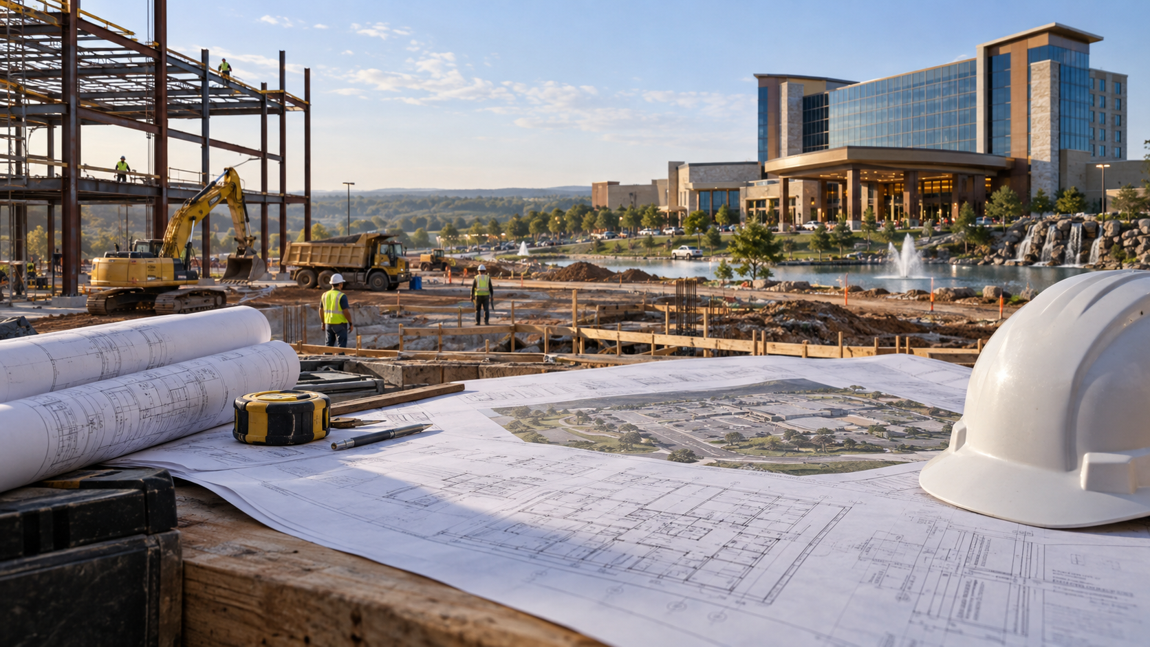 Editorial illustration of an Oklahoma tribal casino expansion, construction plans, and a casino resort
