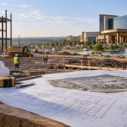 Editorial illustration of an Oklahoma tribal casino expansion, construction plans, and a casino resort