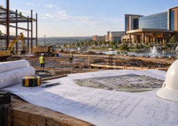 Editorial illustration of an Oklahoma tribal casino expansion, construction plans, and a casino resort