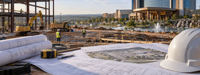 Editorial illustration of an Oklahoma tribal casino expansion, construction plans, and a casino resort