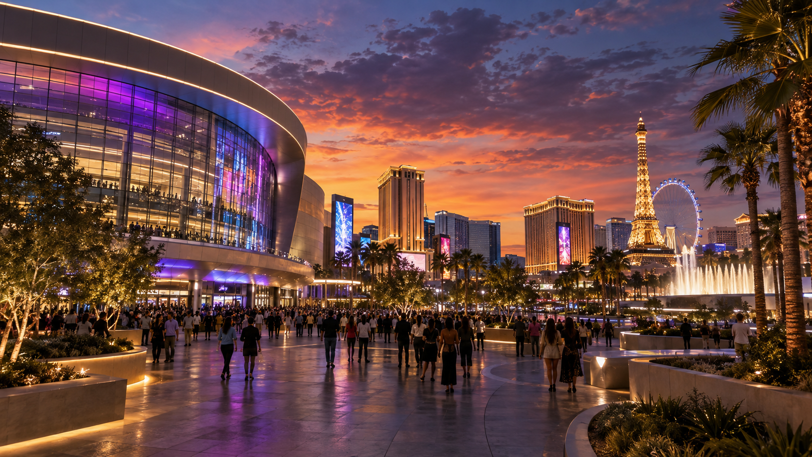 Editorial illustration of a Las Vegas arena plaza and entertainment district