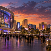 Editorial illustration of a Las Vegas arena plaza and entertainment district