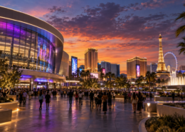 Editorial illustration of a Las Vegas arena plaza and entertainment district