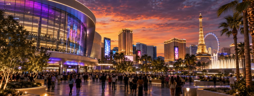 Editorial illustration of a Las Vegas arena plaza and entertainment district