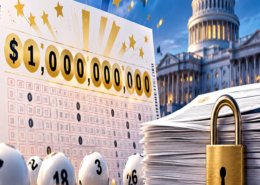 Editorial illustration of a Powerball jackpot winner announcement, a lottery ticket, and public records