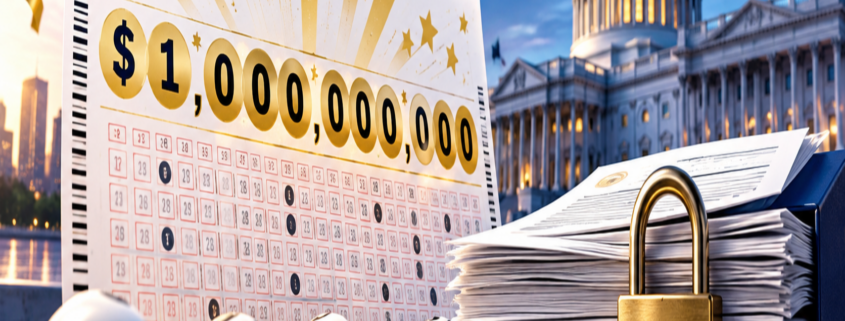 Editorial illustration of a Powerball jackpot winner announcement, a lottery ticket, and public records