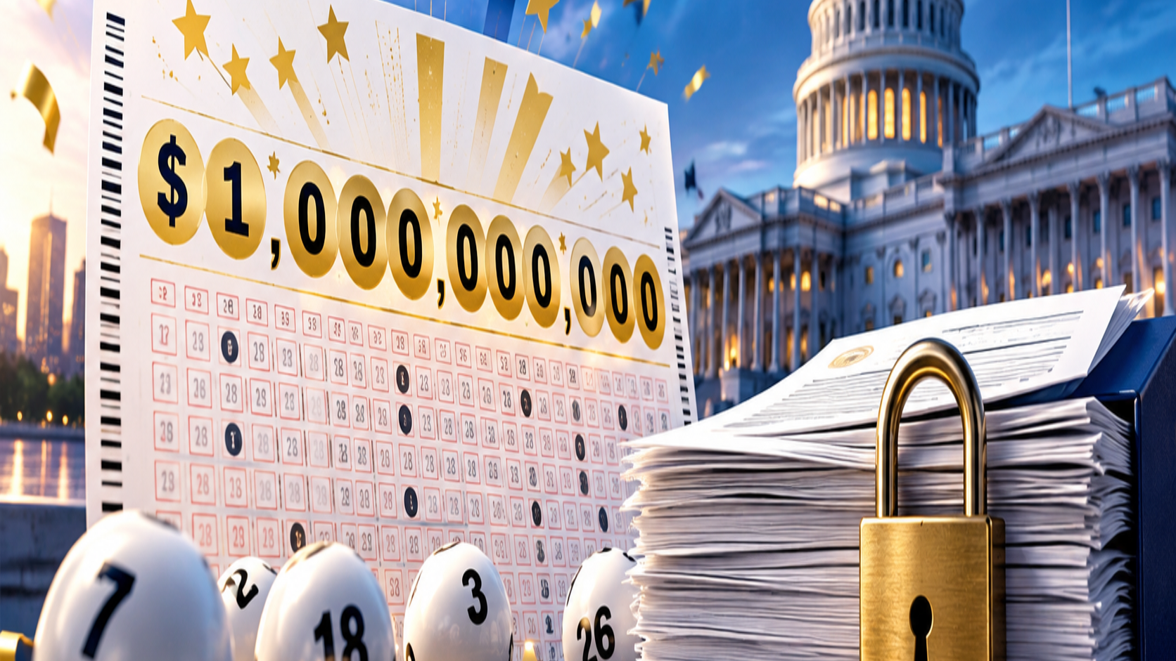 Editorial illustration of a Powerball jackpot winner announcement, a lottery ticket, and public records