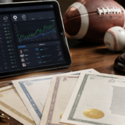 Editorial illustration of fantasy sports licensing and prediction-market regulation