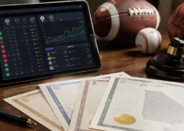 Editorial illustration of fantasy sports licensing and prediction-market regulation