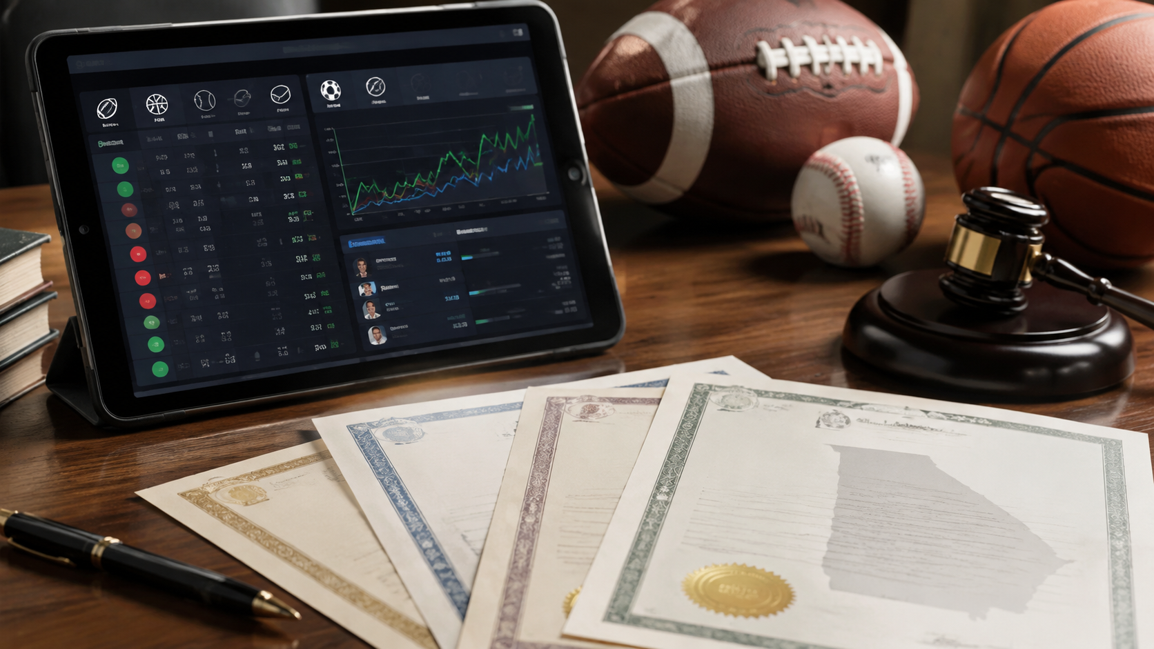 Editorial illustration of fantasy sports licensing and prediction-market regulation