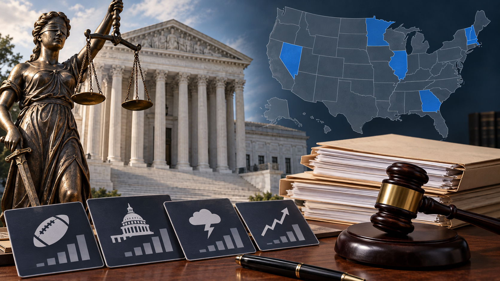 Editorial illustration of a multi-state prediction-market legal dispute with courthouse documents