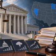 Editorial illustration of a multi-state prediction-market legal dispute with courthouse documents