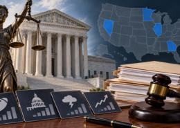 Editorial illustration of a multi-state prediction-market legal dispute with courthouse documents