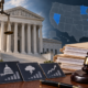 Editorial illustration of a multi-state prediction-market legal dispute with courthouse documents