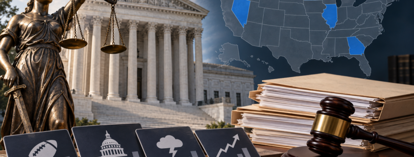 Editorial illustration of a multi-state prediction-market legal dispute with courthouse documents