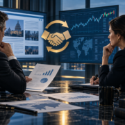 Editorial illustration of Yahoo Finance and Polymarket, prediction market partnership documents, and digital market screens