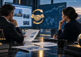 Editorial illustration of Yahoo Finance and Polymarket, prediction market partnership documents, and digital market screens