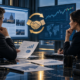 Editorial illustration of Yahoo Finance and Polymarket, prediction market partnership documents, and digital market screens