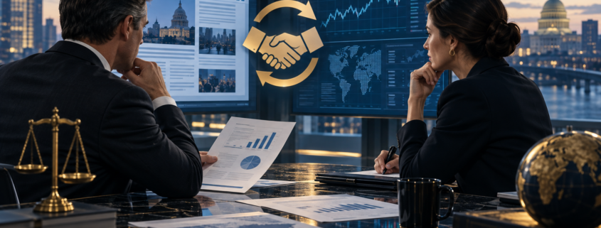 Editorial illustration of Yahoo Finance and Polymarket, prediction market partnership documents, and digital market screens