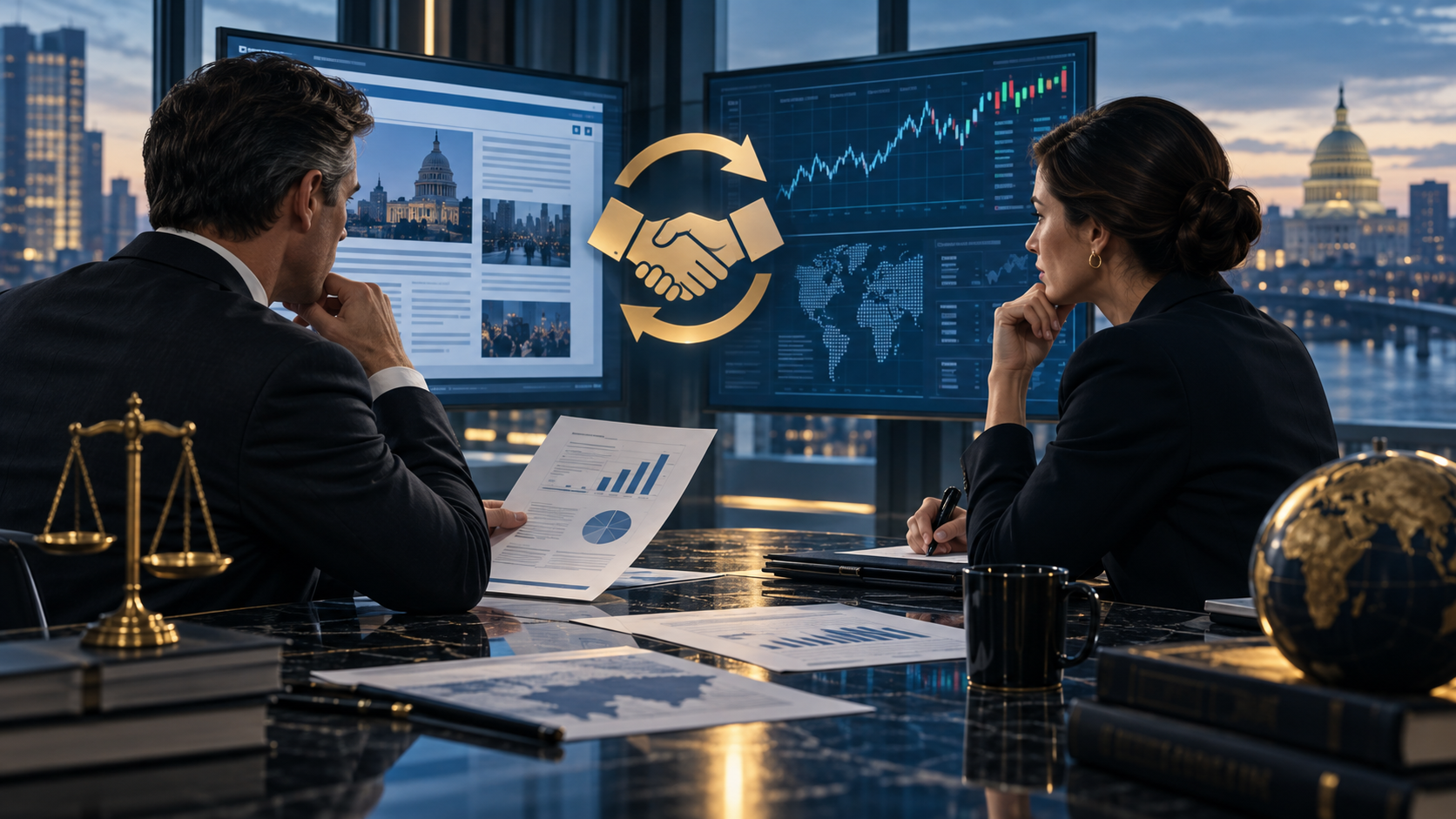 Editorial illustration of Yahoo Finance and Polymarket, prediction market partnership documents, and digital market screens